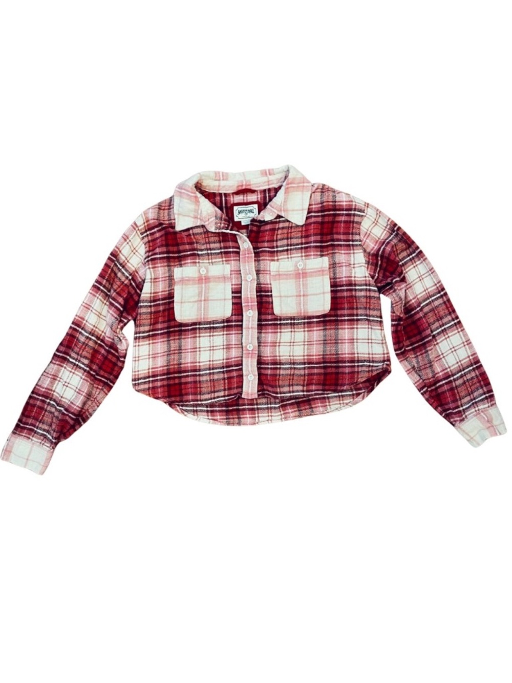 American Eagle Women's Cropped Pink and Red Plaid Flannel Shirt, Size XS